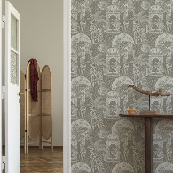 Tapety Žirafa a zebra na pozadí architektury a tropických stromů, Tapety dětské, Tapety pro chlapce, a00276 : uwalls.cz