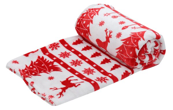 Červeno-bílá vánoční mikroplyšová deka, 200x230 cm