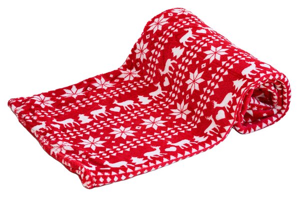 Červená vánoční mikroplyšová deka JELEN A VLOČKA, 150x200 cm