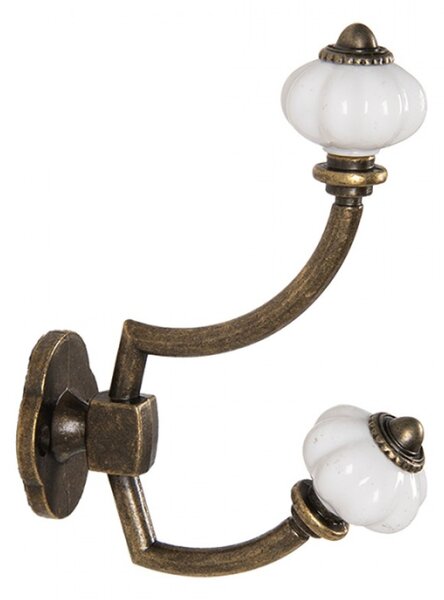Kovový nástěnný háček s bílou porcelánovou knopkou ve tvaru květiny – 4x9x13 cm