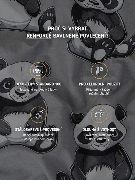 MK Lůžkoviny Bavlněné povlečení Renforcé - Panda 140 × 200 cm, 70 x 90 cm