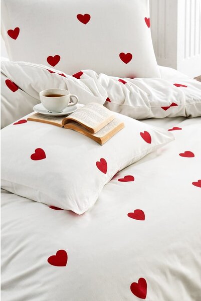 Krémové 4dílné prodloužené povlečení na dvoulůžko z bavlny Renforcé s prostěradlem 200x220 cm Mini Hearts – Mila Home