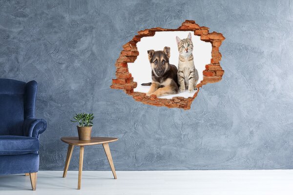 Fototapeta díra na zeď 3D Pes a kočka nd-c-94452483
