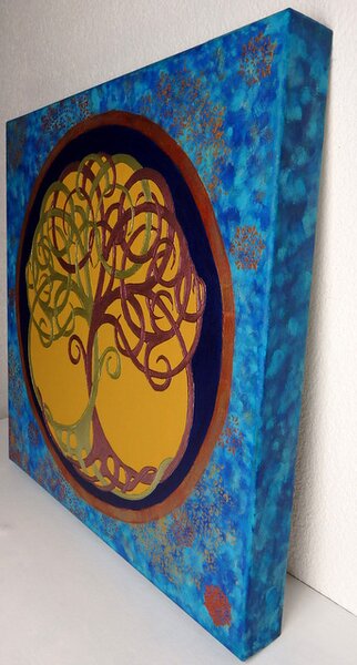 Obraz Strom života, ruční malba, modrá, 60x60 cm