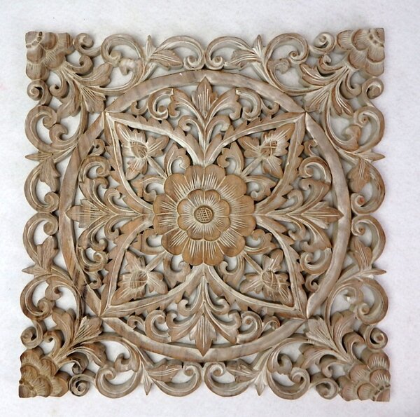 Závěsná dekorace MANDALA čtverec, hnědá natural, exotické dřevo, ruční práce, 50x50 cm