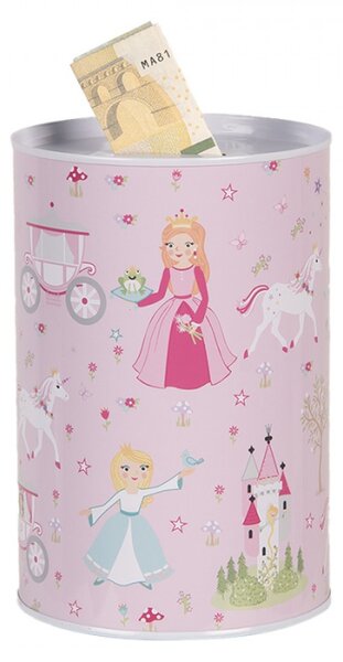 Růžová plechová kasička s motivem pohádek a princezen – 10x15 cm