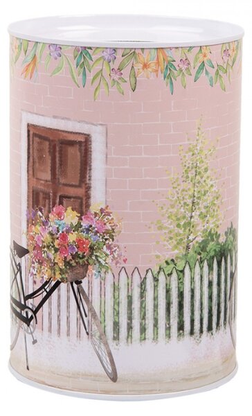 Růžová plechová kasička s motivem s kolem a okenicí – 10x15 cm