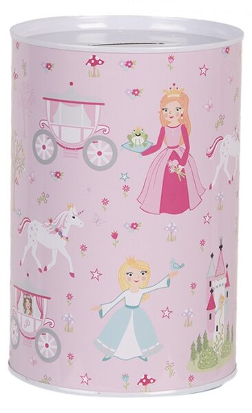 Růžová plechová kasička s motivem pohádek a princezen – 10x15 cm