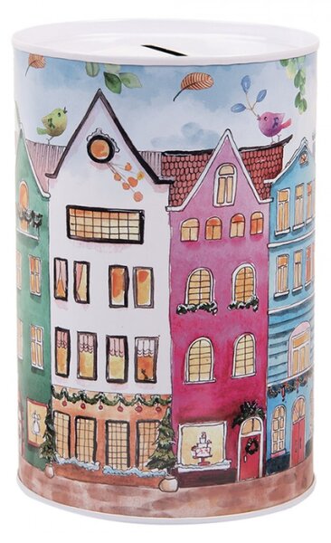 Červená plechová kasička s motivem domečků – 10x15 cm