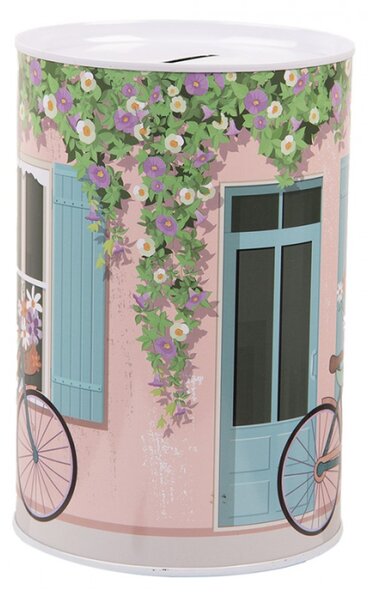 Růžová plechová kasička s motivem s kolem a nápisem Enjoy The Ride – 10x15 cm