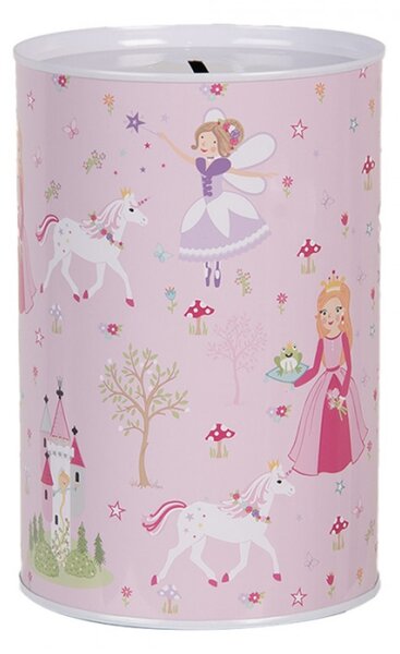 Růžová plechová kasička s motivem pohádek a princezen – 10x15 cm