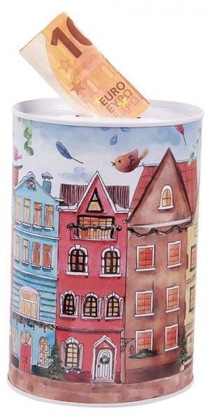 Červená plechová kasička s motivem domečků – 10x15 cm