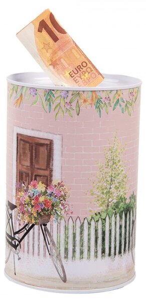 Růžová plechová kasička s motivem s kolem a okenicí – 10x15 cm
