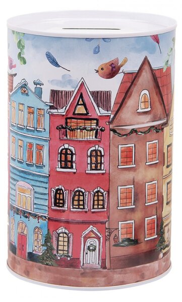 Červená plechová kasička s motivem domečků – 10x15 cm