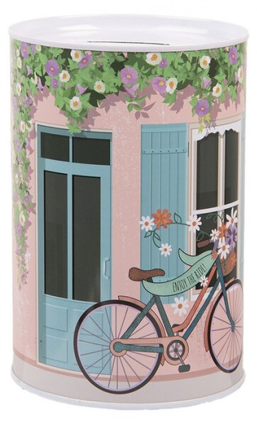Růžová plechová kasička s motivem s kolem a nápisem Enjoy The Ride – 10x15 cm