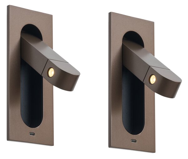 Sada 2 moderních nástěnných svítidel tmavě bronzová vč. LED a portu USB-C - Hilton
