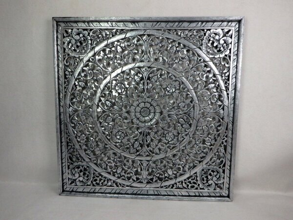 Závěsná dekorace - MANDALA stříbrná černá, dřevo, ruční práce, 100x100 cm