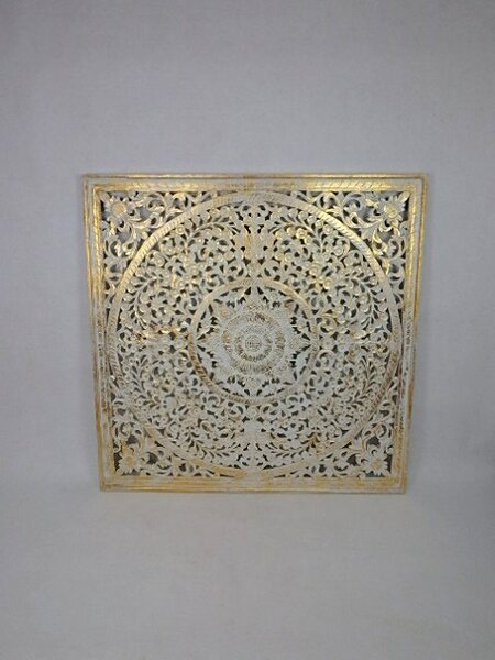 Závěsná dekorace Mandala zlatá, 110x110 cm, ruční práce, exotické dřevo