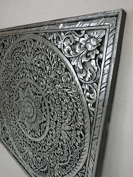 Závěsná dekorace Mandala stříbrná, 110x110 cm, ruční práce, exotické dřevo