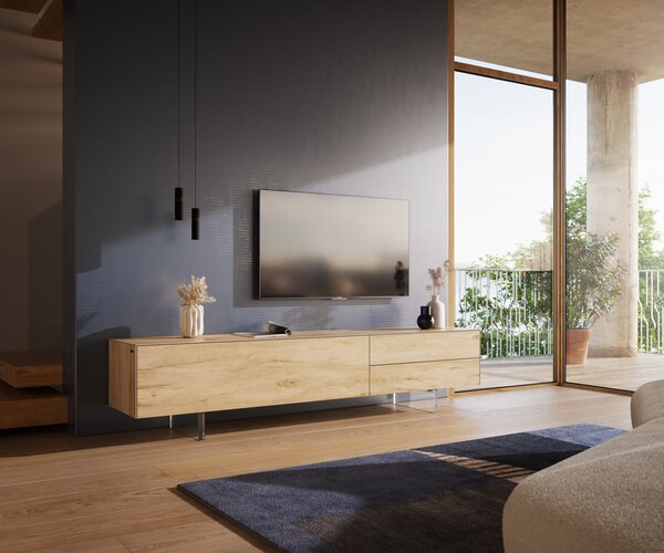 DELIFE TV stolek Cuor 220 cm keramika Laminam® Sabbia dubová 1 výklopná dvířka 2 zásuvky podnož závěsná akrylglas