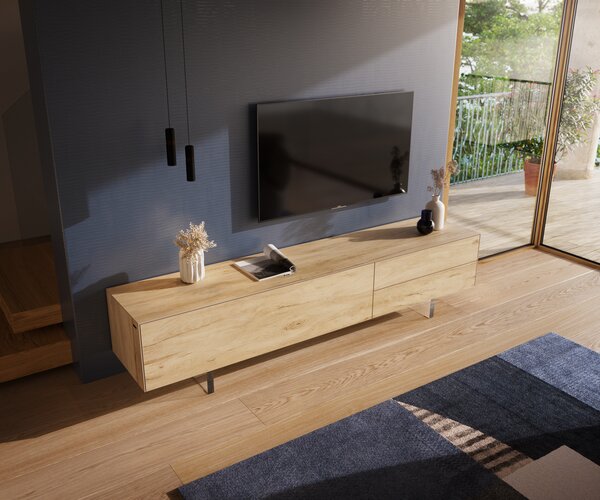 DELIFE TV stolek Cuor 220 cm keramika Laminam® Sabbia dubová 1 výklopná dvířka 2 zásuvky podnož závěsná akrylglas