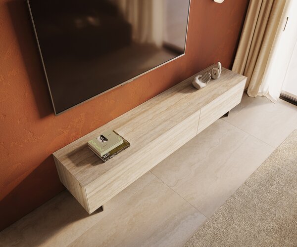 DELIFE TV stolek Cuor 220 cm keramika Laminam® Travertino Bianco krémově bílá 1 výklopná dvířka 2 zásuvky podnož závěsná nerezová ocel