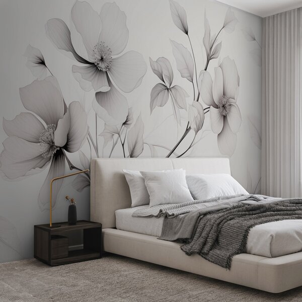 Fototapety Černé a bílé květiny s elegantními liniemi na šedém pozadí, Fototapety květiny, w09271 : uwalls.cz