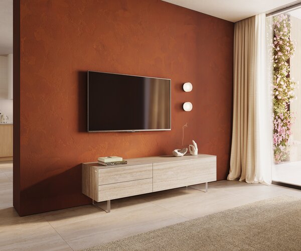 DELIFE TV stolek Cuor 180 cm keramika Laminam® Travertino Bianco krémově bílá 1 výklopná dvířka 2 zásuvky podnož závěsná akrylglas