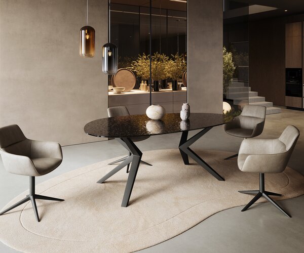 DELIFE Jídelní stůl Edge oválný 220x120 reliéfní sklo kouřově černá 3D design Zenthara hranatý kov černá