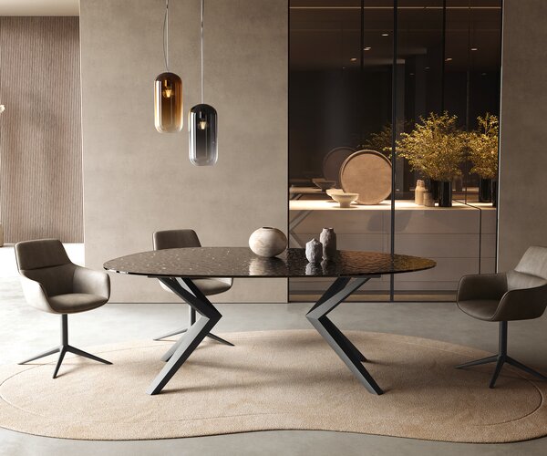 DELIFE Jídelní stůl Edge oválný 220x120 reliéfní sklo kouřově černá 3D design Zenthara hranatý kov černá