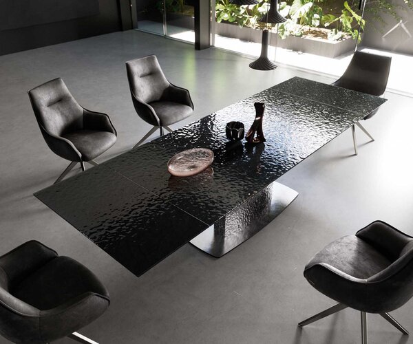 DELIFE Jídelní stůl Edge 200-300x100 kouřově černé reliéfní sklo 3D design Wave nerezová ocel rozkládací