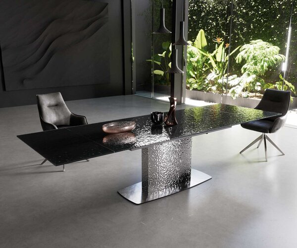 DELIFE Jídelní stůl Edge 200-300x100 kouřově černé reliéfní sklo 3D design Wave nerezová ocel rozkládací
