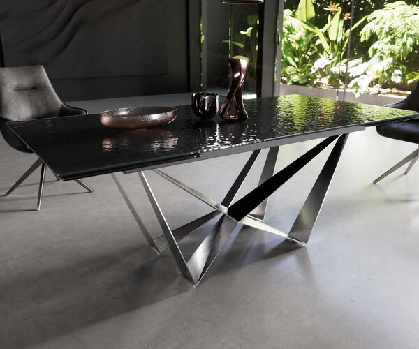 DELIFE Jídelní stůl Edge 200-300x100 sklo s reliéfem kouřově černé 3D design Spider plochá ocel nerezová ocel rozkládací