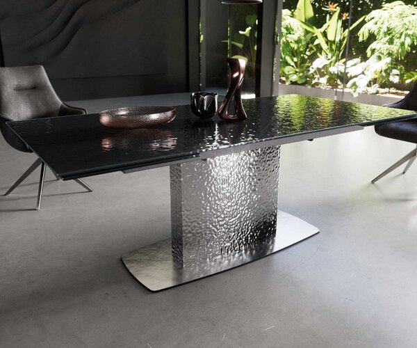 DELIFE Jídelní stůl Edge 200-300x100 kouřově černé reliéfní sklo 3D design Wave nerezová ocel rozkládací