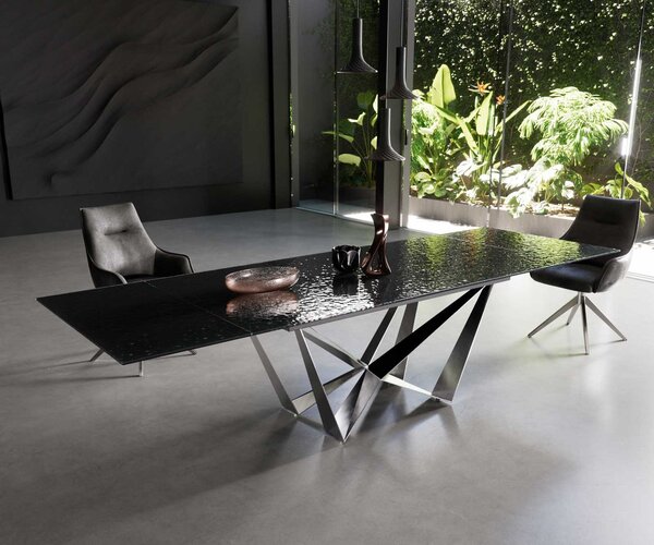 DELIFE Jídelní stůl Edge 200-300x100 sklo s reliéfem kouřově černé 3D design Spider plochá ocel nerezová ocel rozkládací