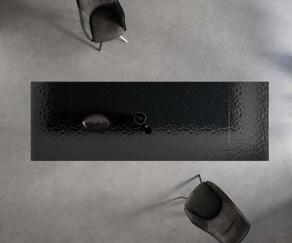DELIFE Jídelní stůl Edge 200-300x100 sklo s reliéfem kouřově černé 3D design Spider plochá ocel nerezová ocel rozkládací