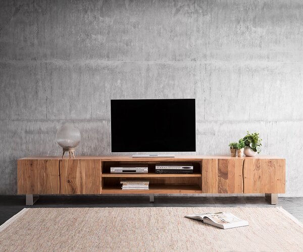 DELIFE TV stolek Live-Edge 300 cm akácie přírodní 4 dvířka 2 přihrádky