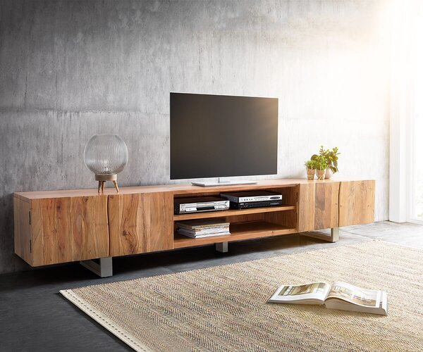 DELIFE TV stolek Live-Edge 300 cm akácie přírodní 4 dvířka 2 přihrádky