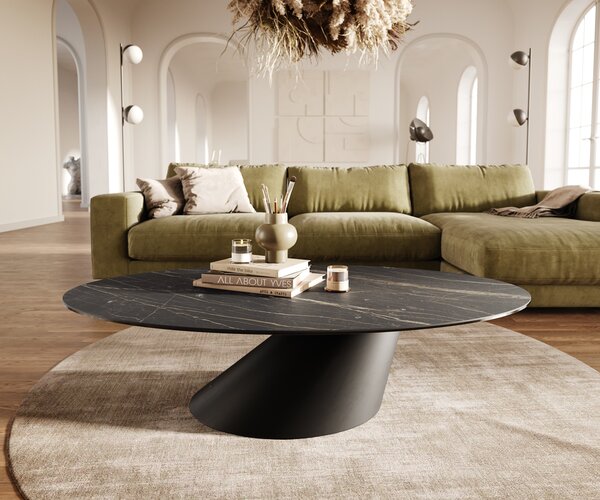 DELIFE Konferenční stolek Edge oválný 140x80 cm keramika Laminam® Noir Desir hnědá Conis kov černá