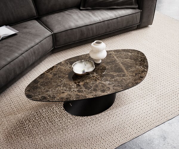 DELIFE Konferenční stolek Edge organický 140x76 cm keramika Laminam® Emperador Extra Lucidato tmavě hnědá Conis kov černá