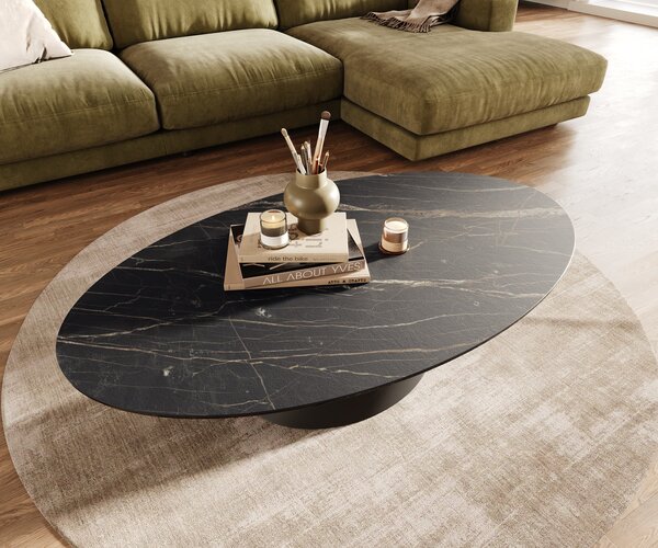 DELIFE Konferenční stolek Edge oválný 140x80 cm keramika Laminam® Noir Desir hnědá Conis kov černá