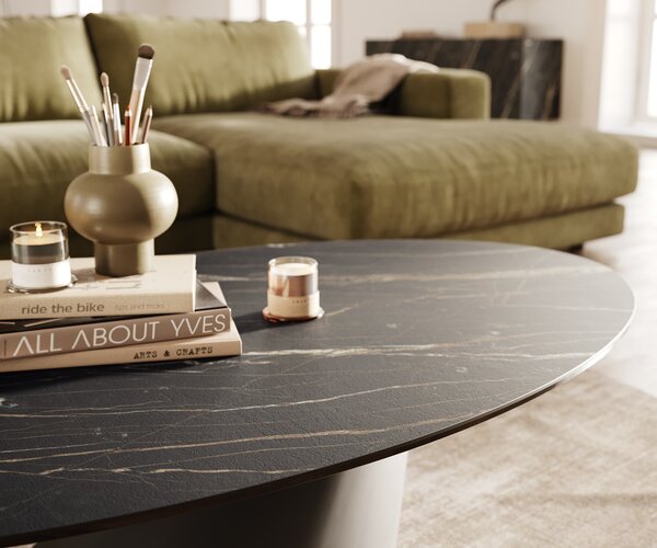 DELIFE Konferenční stolek Edge oválný 140x80 cm keramika Laminam® Noir Desir hnědá Conis kov černá