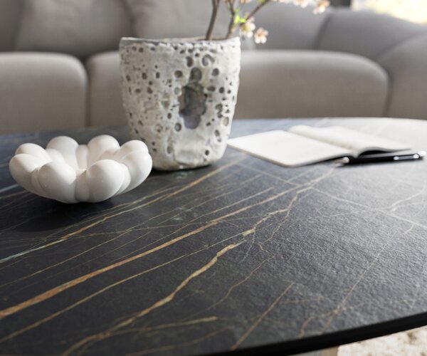 DELIFE Konferenční stolek Edge organický 140x76 cm keramika Laminam® Noir Desir hnědá Conis kov černá