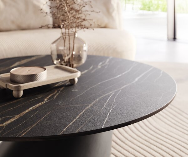 DELIFE Konferenční stolek Edge kulatý 100x100 cm keramika Laminam® Noir Desir hnědá Conis kov černá