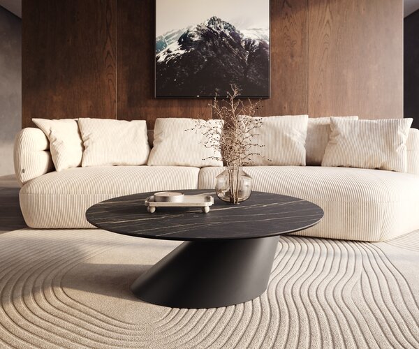 DELIFE Konferenční stolek Edge kulatý 100x100 cm keramika Laminam® Noir Desir hnědá Conis kov černá