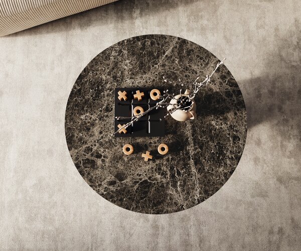 DELIFE Konferenční stolek Edge kulatý 90x90 cm keramika Laminam® Emperador Extra Lucidato tmavě hnědá kuželová kov černá