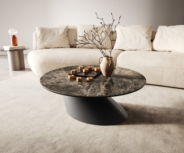 DELIFE Konferenční stolek Edge kulatý 90x90 cm keramika Laminam® Emperador Extra Lucidato tmavě hnědá kuželová kov černá