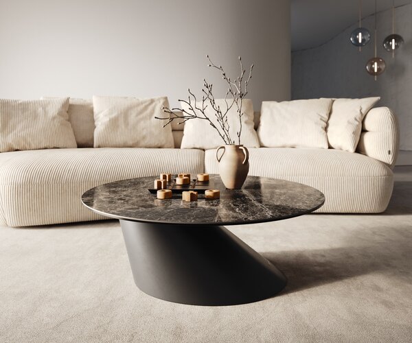 DELIFE Konferenční stolek Edge kulatý 90x90 cm keramika Laminam® Emperador Extra Lucidato tmavě hnědá kuželová kov černá