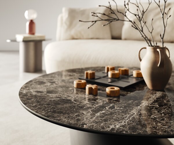 DELIFE Konferenční stolek Edge kulatý 90x90 cm keramika Laminam® Emperador Extra Lucidato tmavě hnědá kuželová kov černá