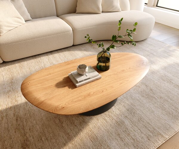 DELIFE Konferenční stolek Edge oválný 140x75 cm dub přírodní kulatá hrana Conis kov černá